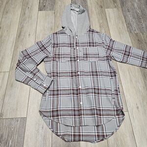 Pacsun Hooded Grey Plaid Button Up Oversize Flannel Shacket Jacket Womens Small